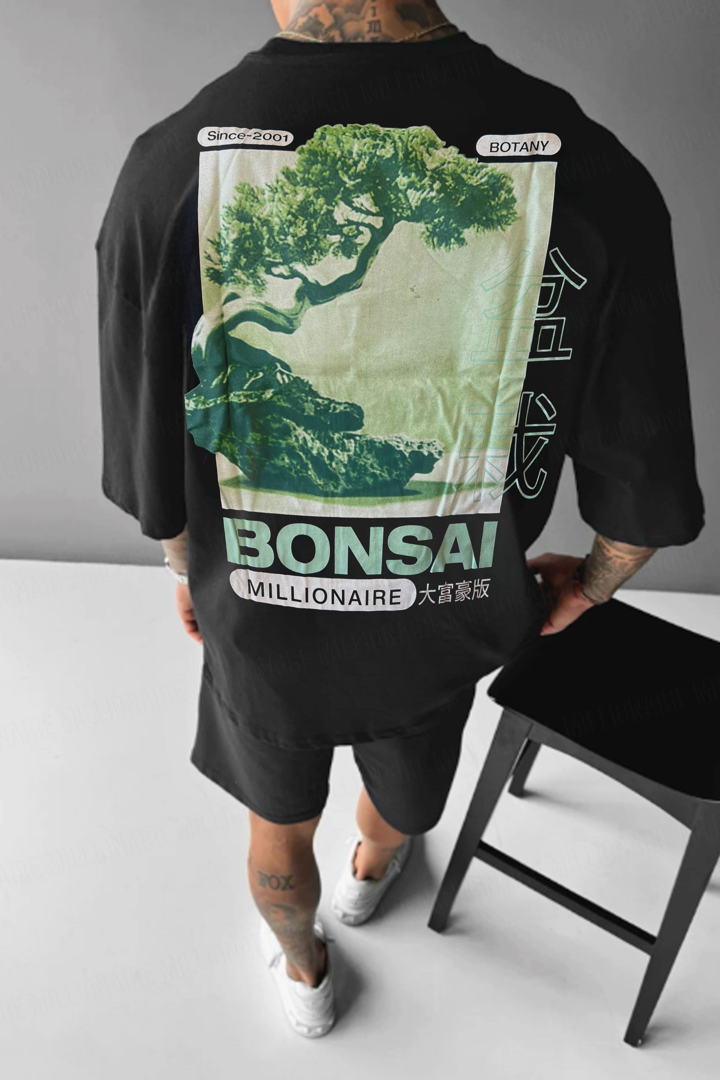 Erkek Siyah Bonsai Oversize Fit Bol Geniş Kalıp Salaş Kesim T-shirt