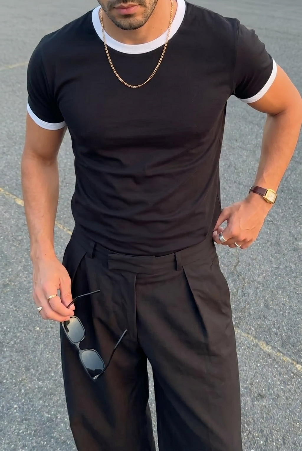 Erkek Siyah Renkli Tişört Bisiklet Yaka Kol Garnili Regular T-shirt