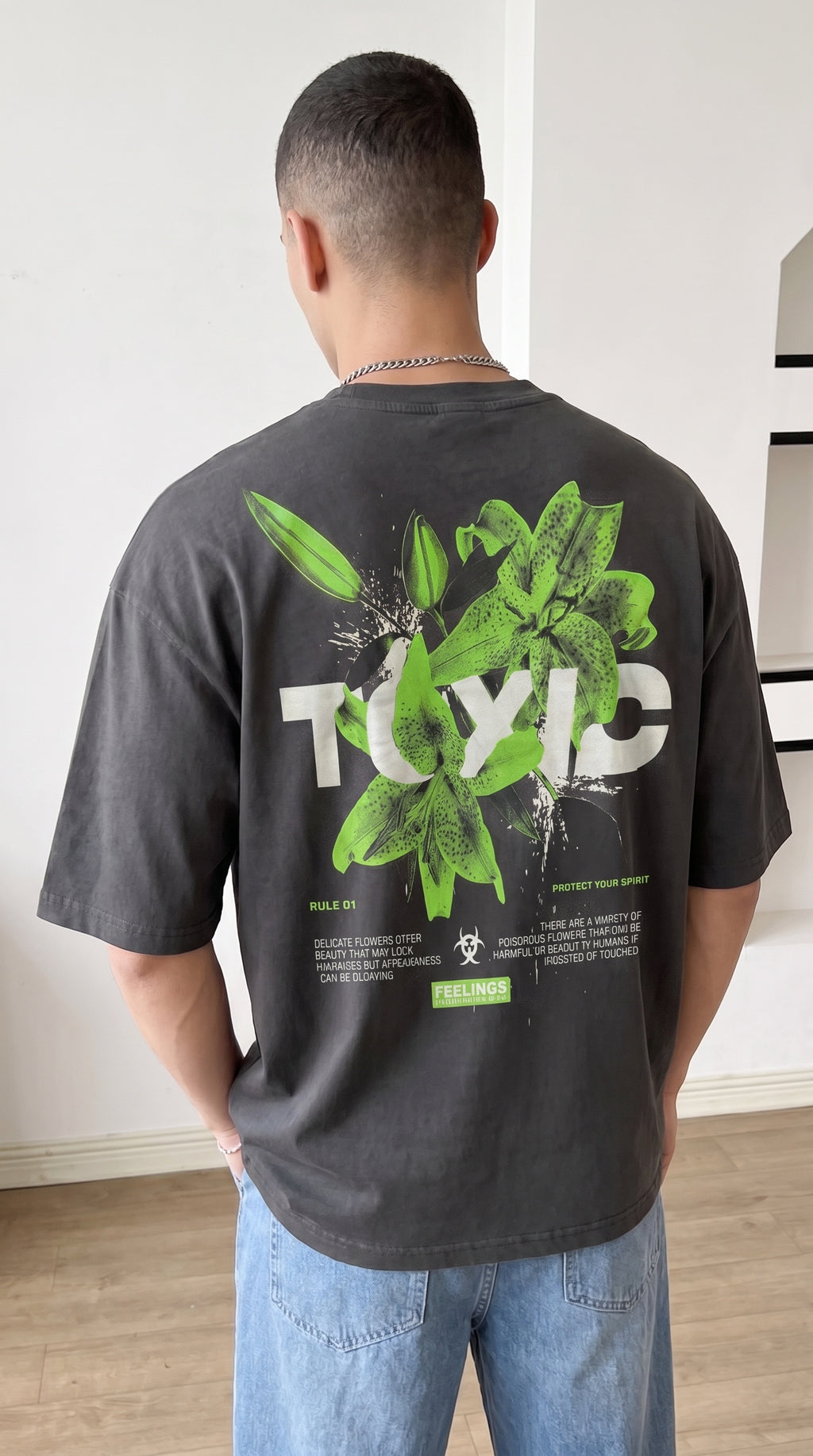 Erkek Füme Toxic Oversize Fit Bol Geniş Kalıp Salaş Kesim T-shirt