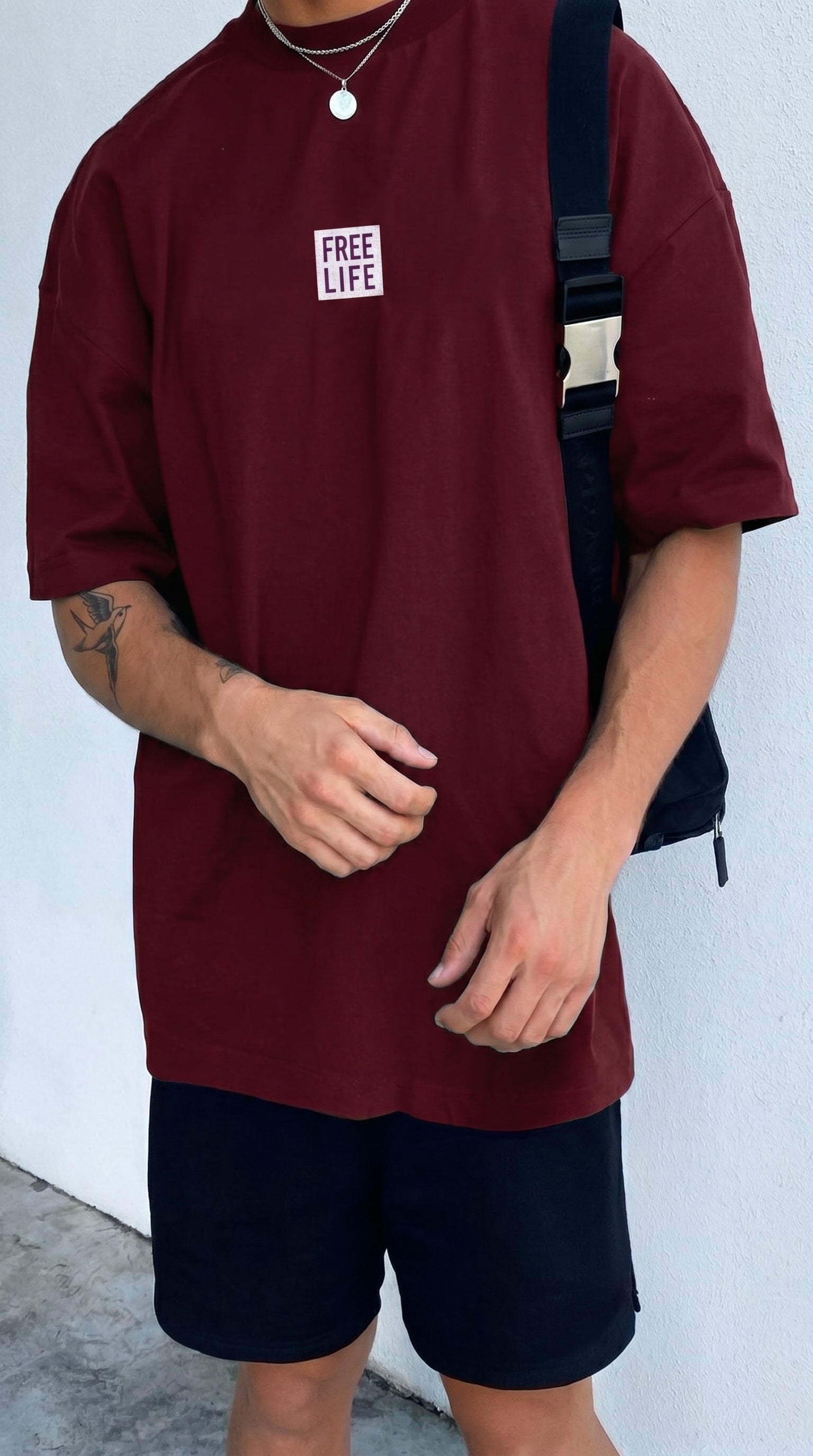 Erkek Bordo Free Life Bisiklet Yaka Oversize Salas T-Shirt