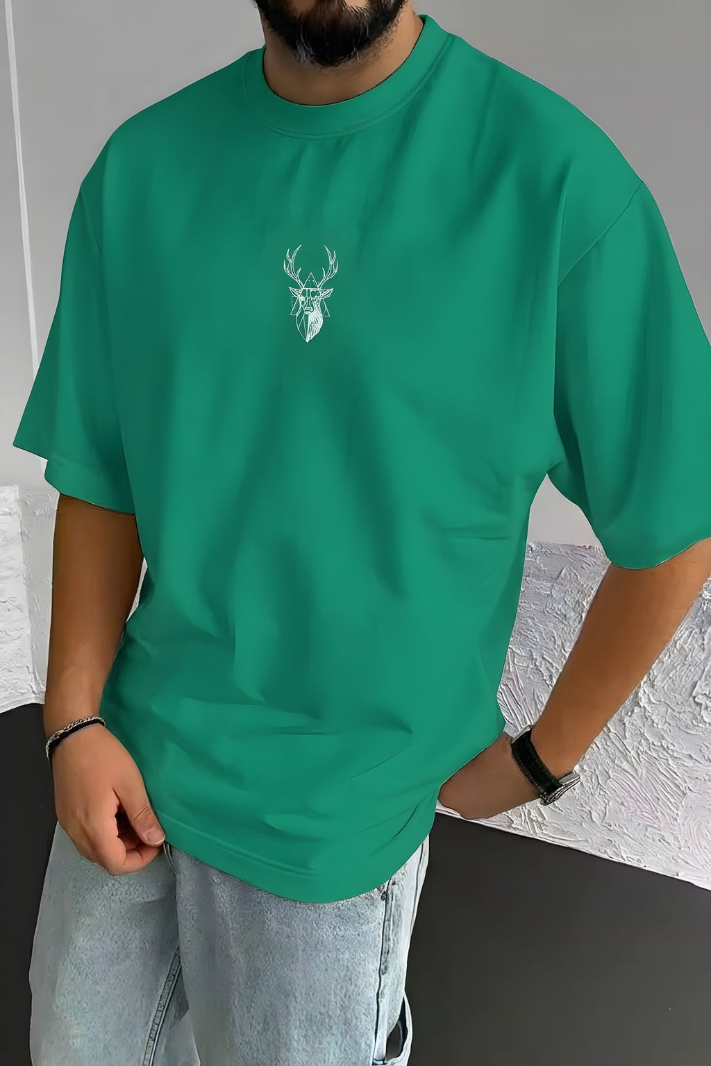 Erkek Yeşil Geyik Baskılı Oversize Fit Bol Geniş Kalıp Salaş Kesim T-shirt