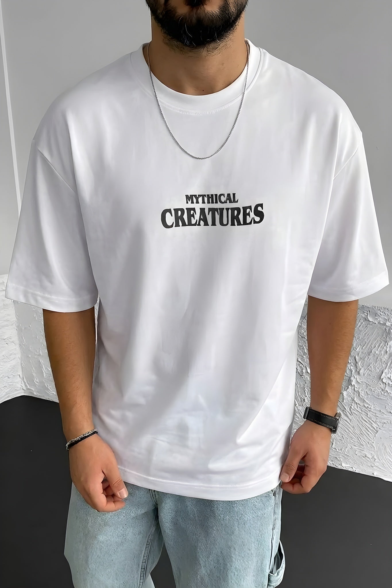 Erkek Ekru Beyaz Creatures Oversize Fit Bol Geniş Kalıp Salaş Kesim T-shirt