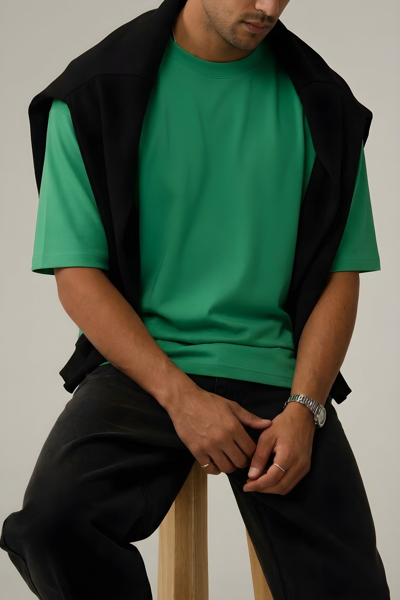 Erkek Bntn Yeşil Basic Düz Baskısız Oversize Salas T-Shirt