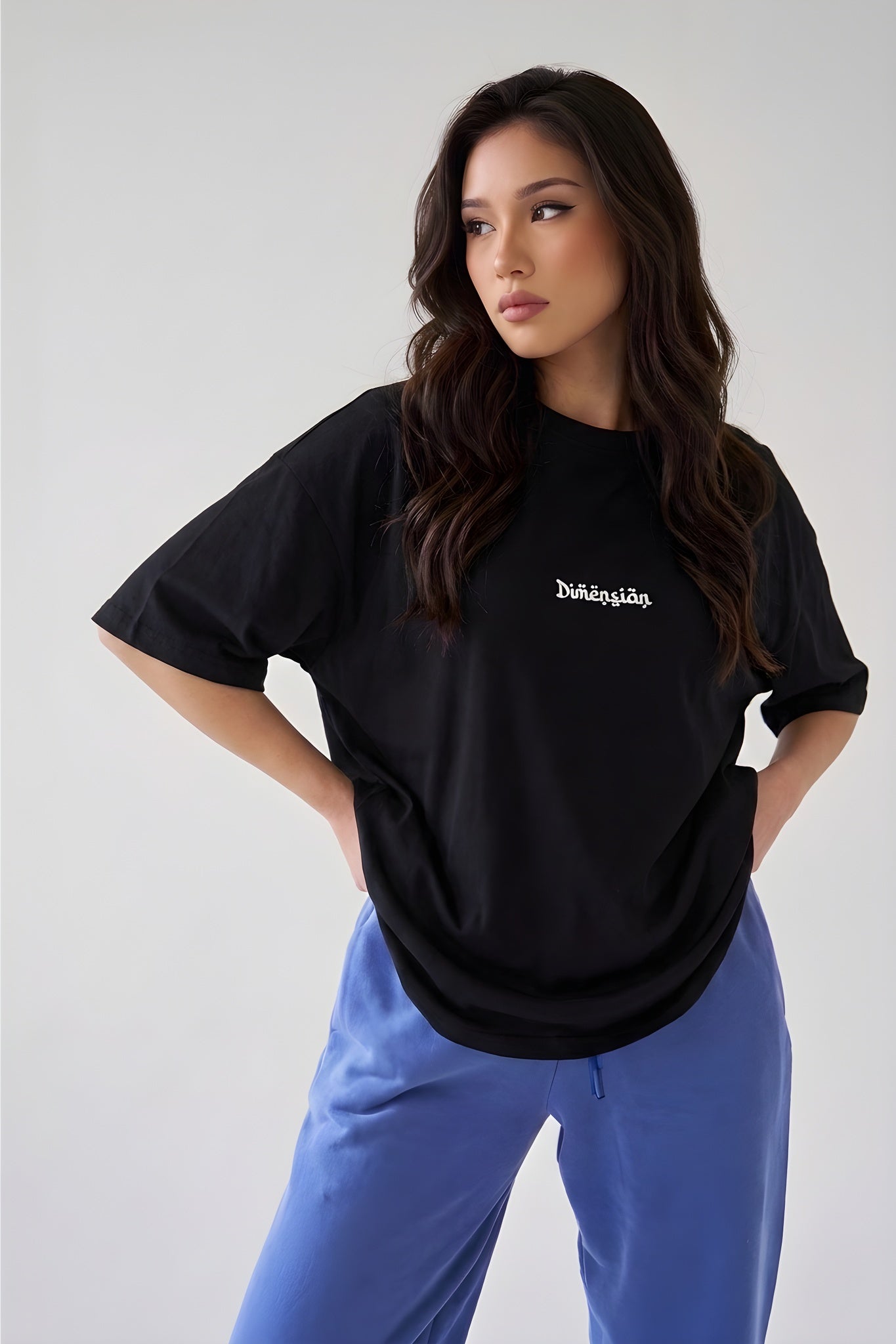 Kadın Dimension Baskılı Siyah Bisiklet Yaka Oversize Salaş T-Shirt