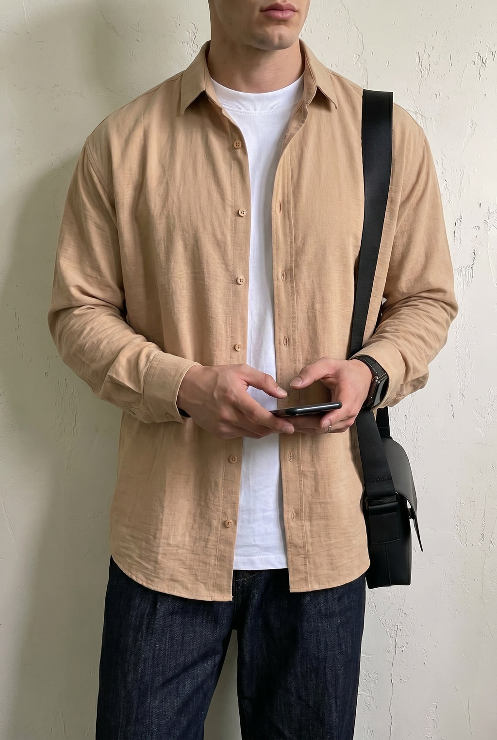 Nairobi Camel Renkli Soft Keten Görünümlü Yarım Oversize Rahat Kalıp Gömlek