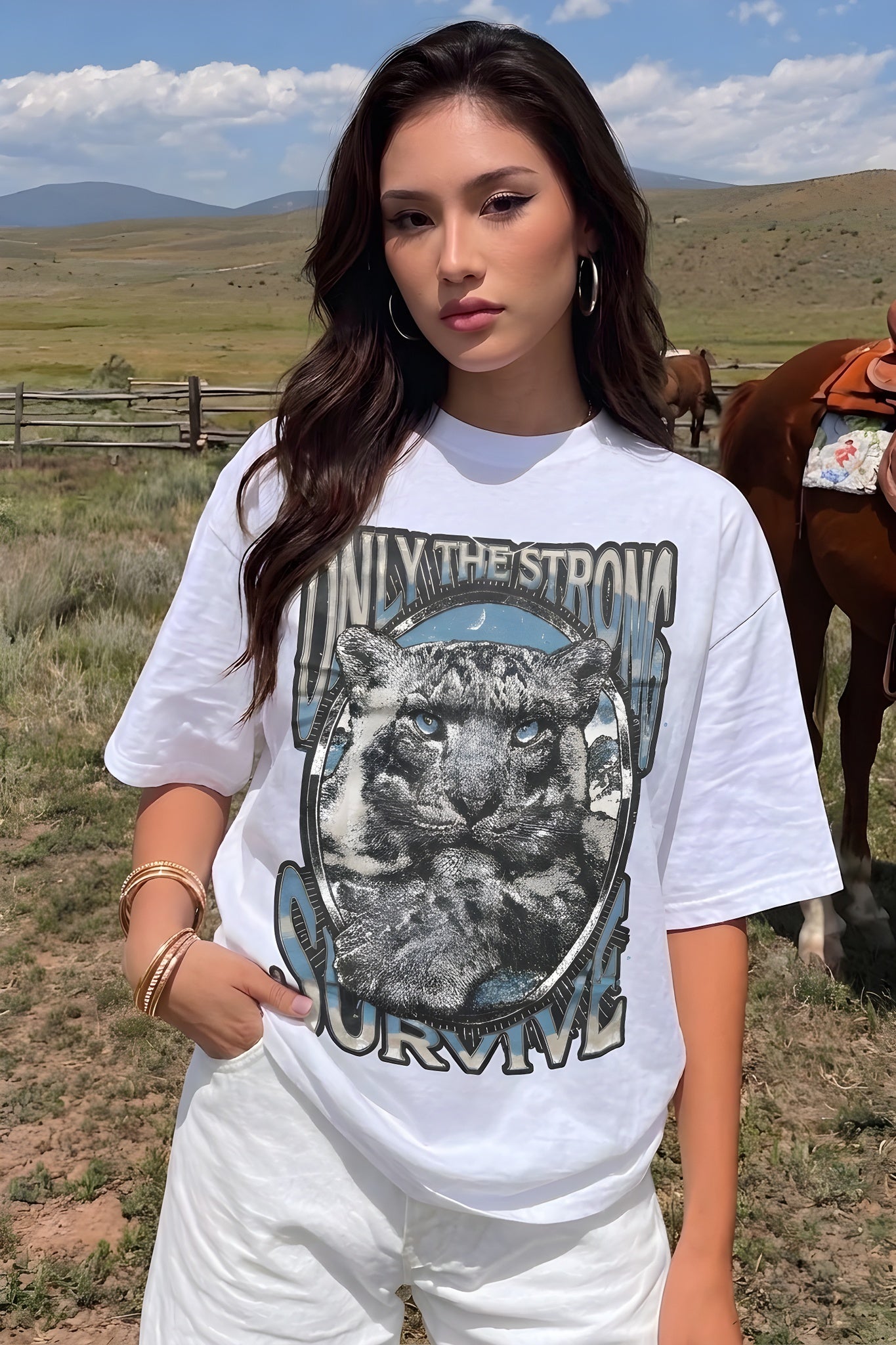 Kadın Ekru Beyaz Survive Oversize Fit Bol Geniş Kalıp Salaş Kesim T-shirt