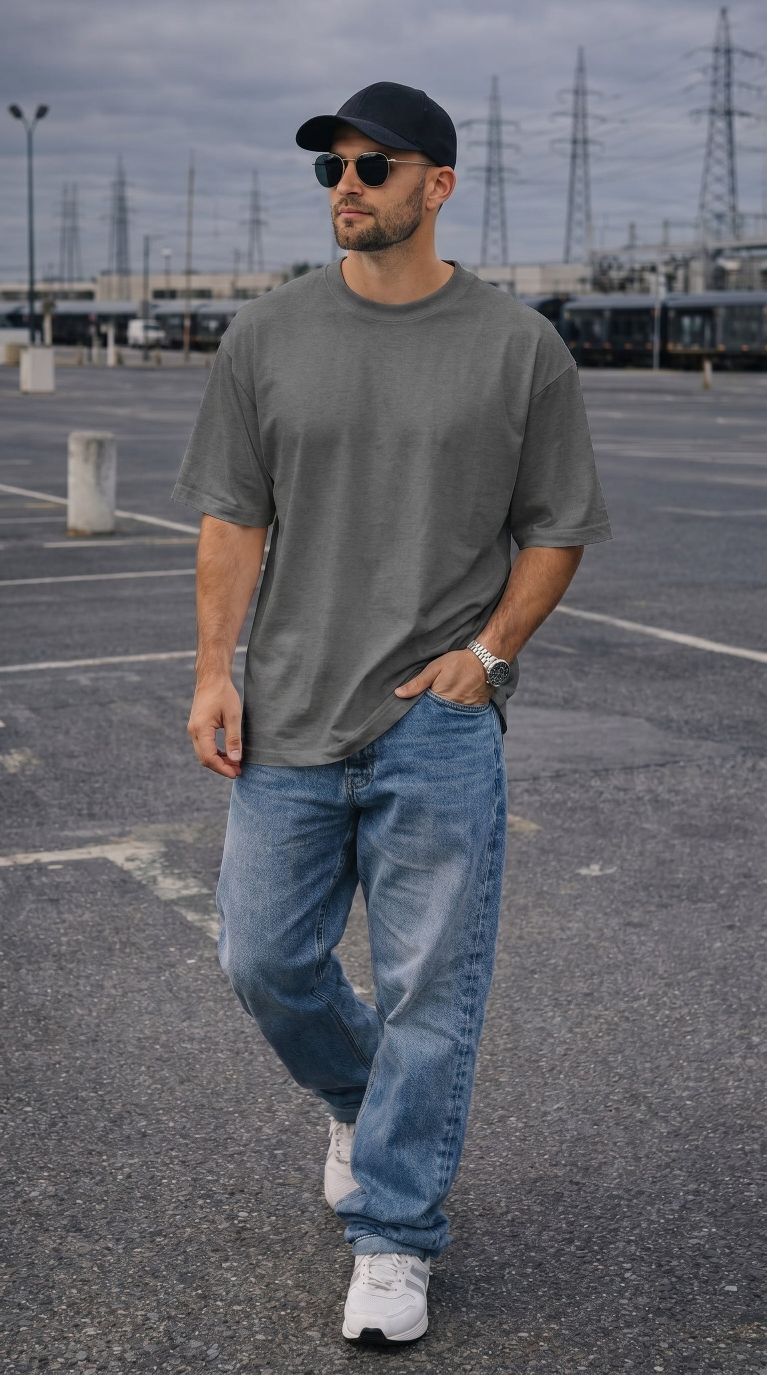 1 Adet Erkek Antrasit Melanj Basic Düz Baskısız Oversize Salas Loose Fit T-shirt