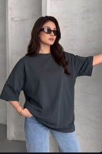 Kadın Lacivert Basic Düz Baskısız Oversize Salas T-Shirt