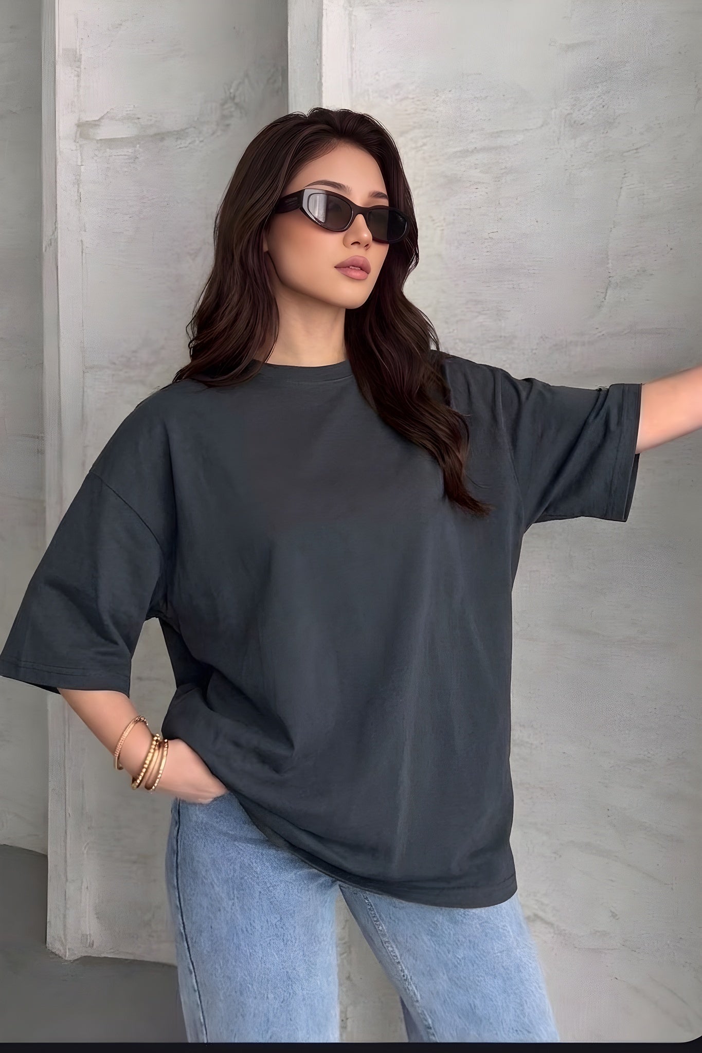 Kadın Lacivert Basic Düz Baskısız Oversize Salas T-Shirt