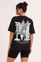 Kadın Mythical Pegasus Baskılı Siyah Bisiklet Yaka Oversize Salaş T-Shirt