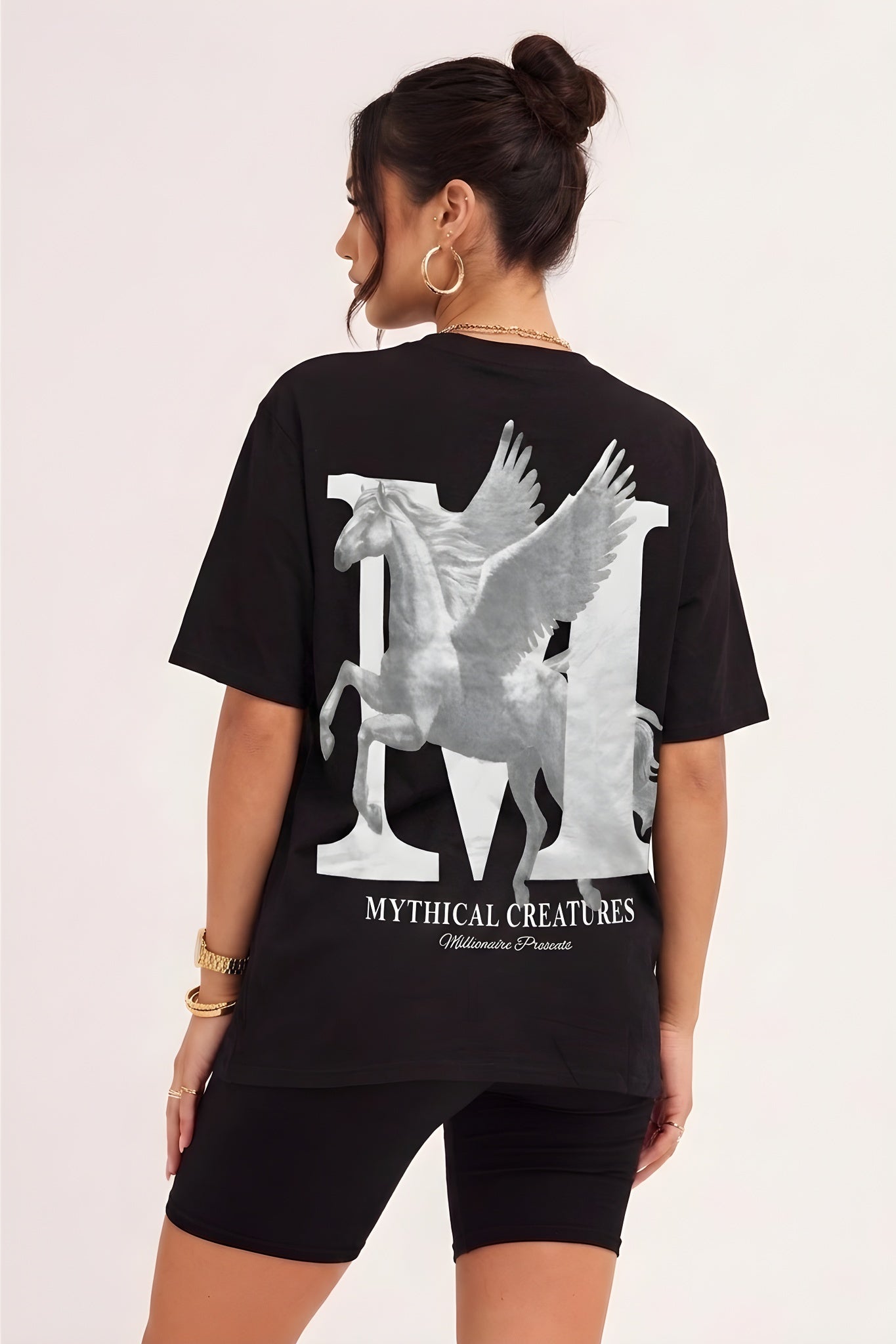 Kadın Mythical Pegasus Baskılı Siyah Bisiklet Yaka Oversize Salaş T-Shirt