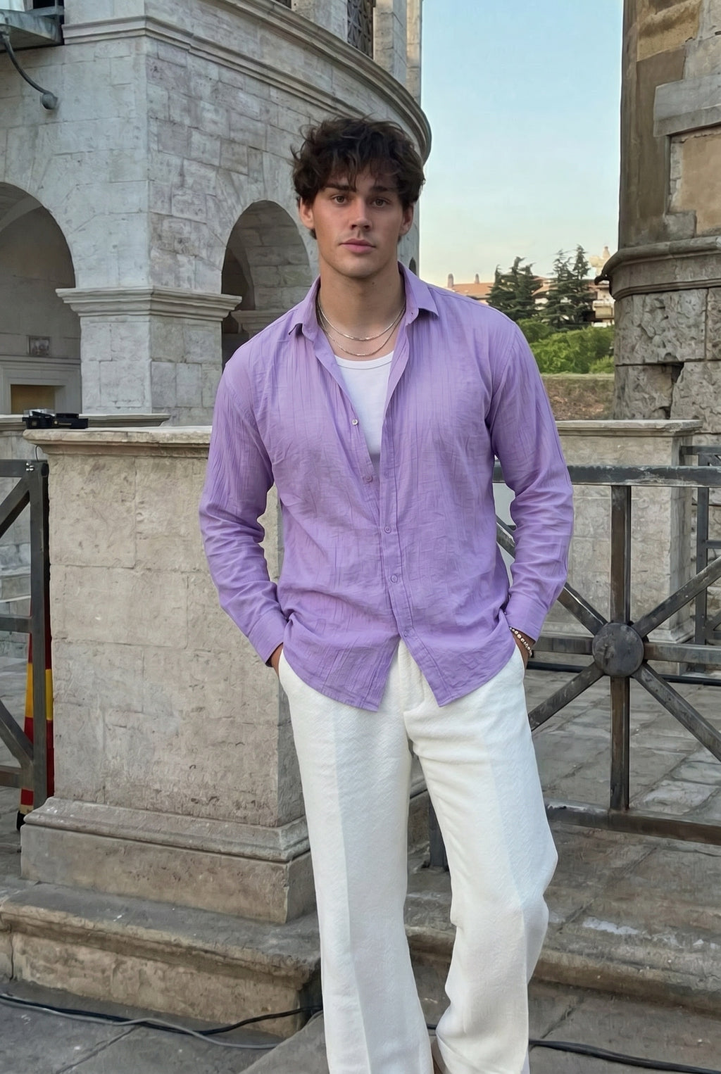Rio Lila Renkli Soft Keten Görünümlü Yarım Oversize Rahat Kalıp Gömlek