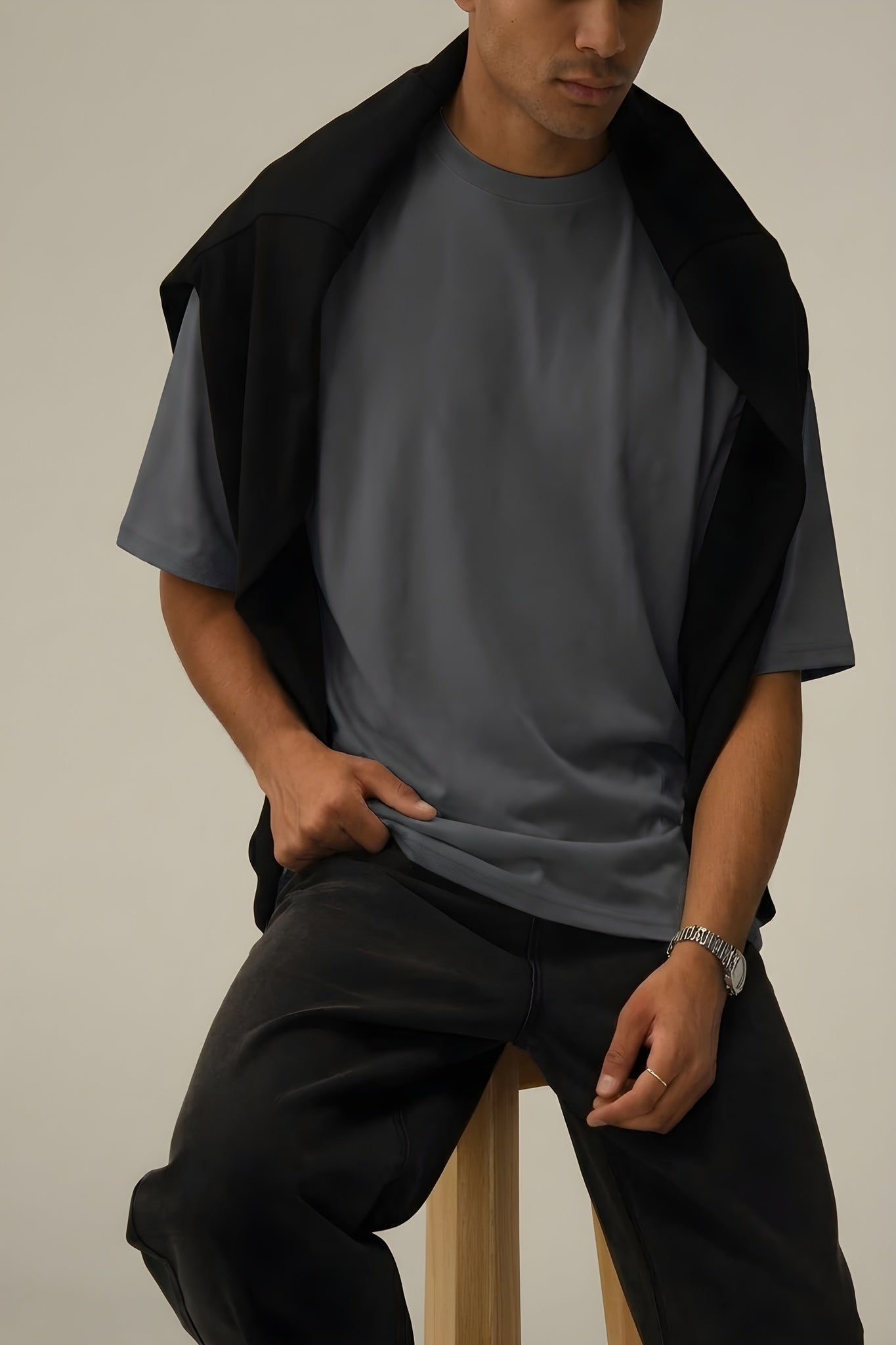 Erkek Füme Bisiklet Yaka Düz Basic Baskısız Oversize Salas T-Shirt