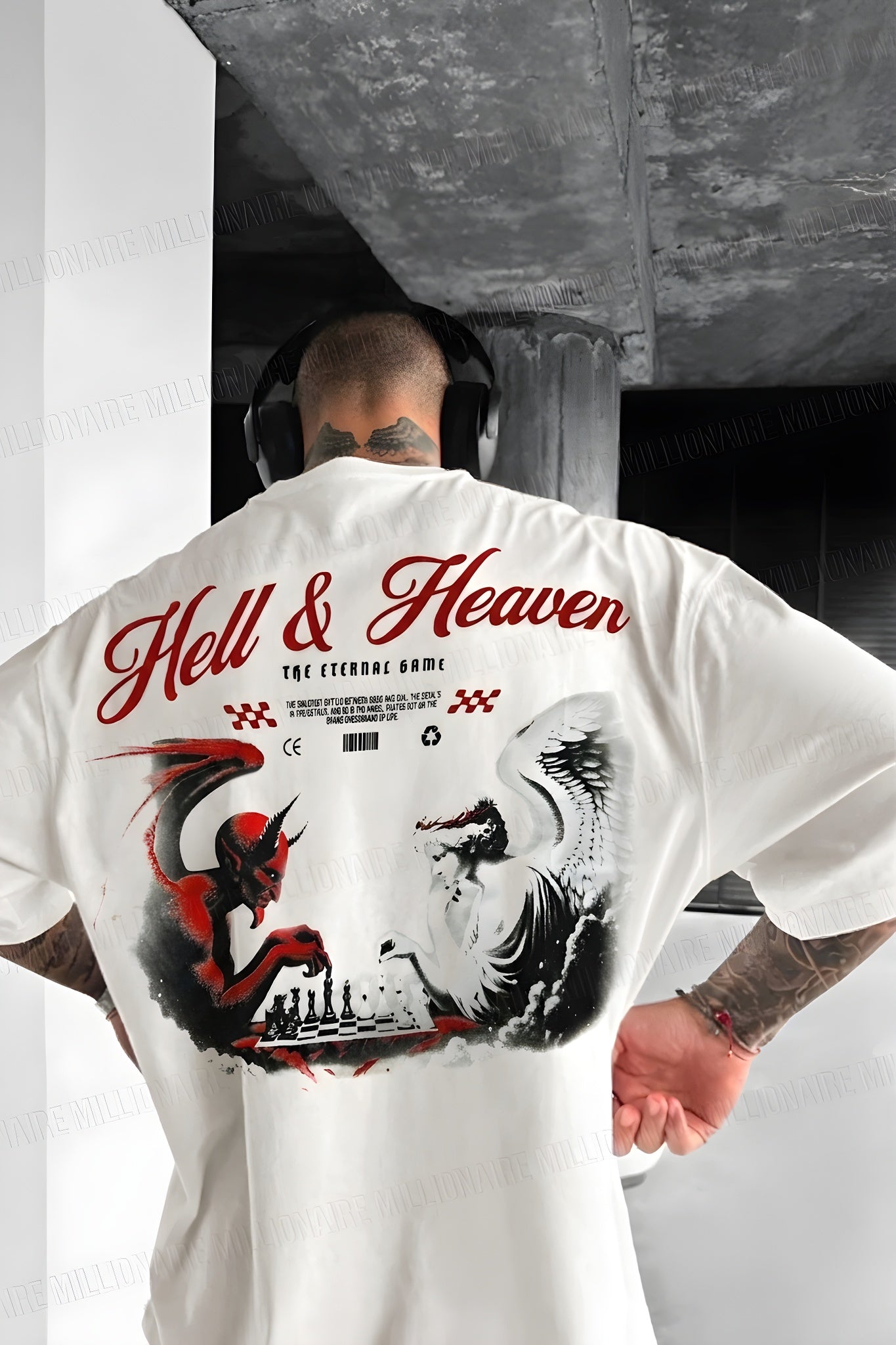 Erkek Ekru Beyaz Devil And Angel Oversize Fit Bol Geniş Kalıp Salaş Kesim T-shirt
