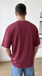 Erkek Bordo Geyik Baskılı Oversize Fit Bol Geniş Kalıp Salaş Kesim T-shirt