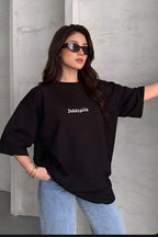Kadın Dimension Baskılı Siyah Bisiklet Yaka Oversize Salaş T-Shirt