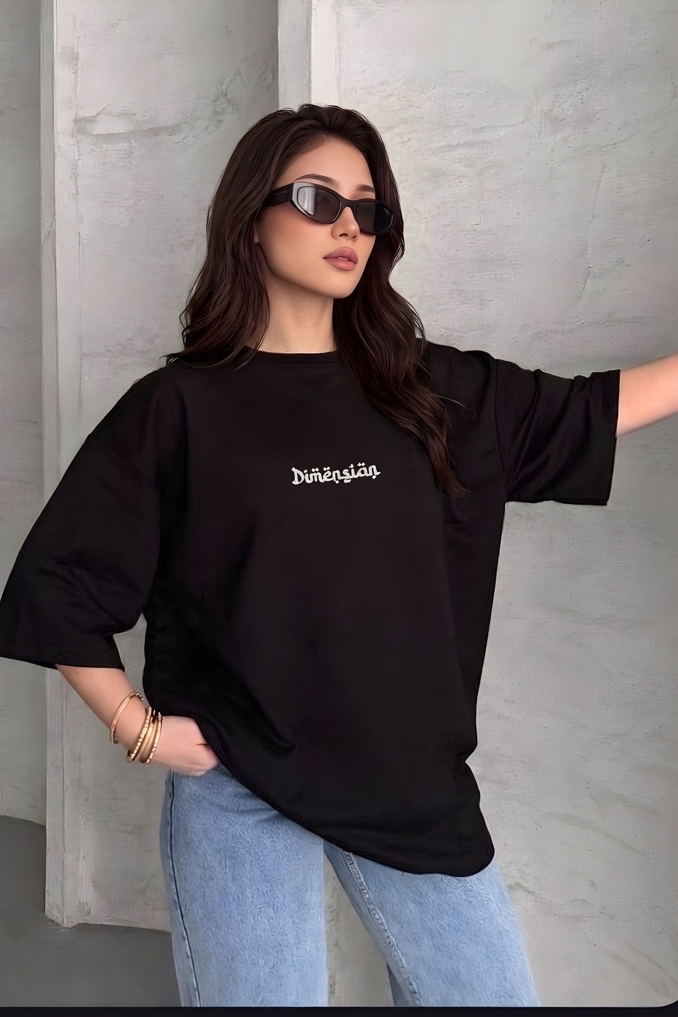 Kadın Dimension Baskılı Siyah Bisiklet Yaka Oversize Salaş T-Shirt