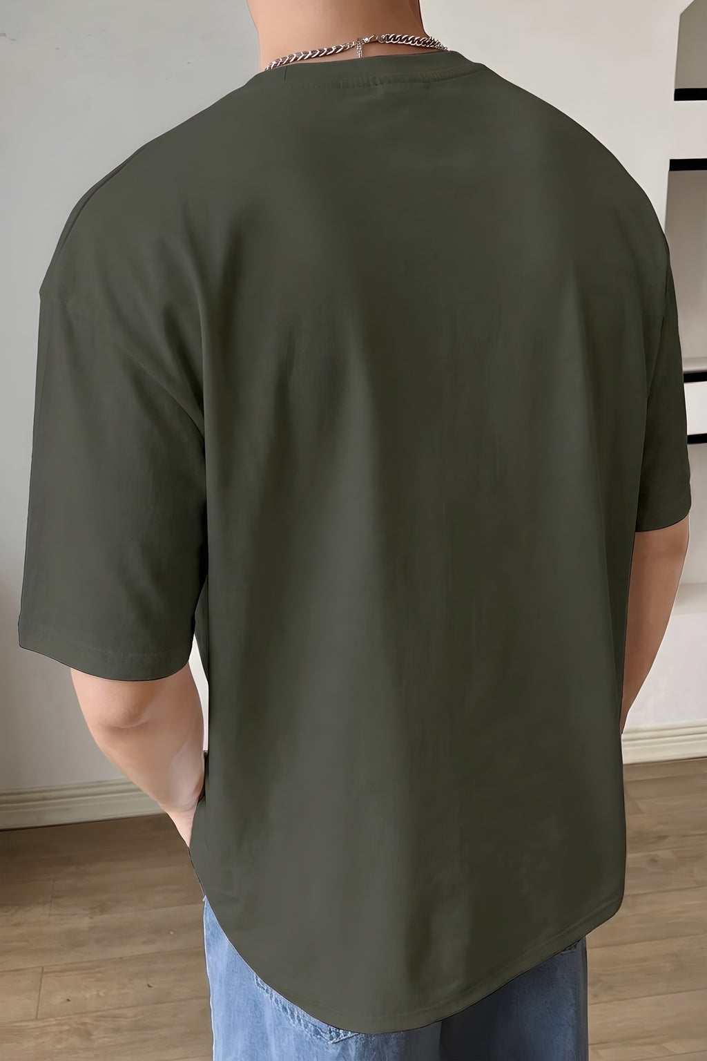 Erkek Haki Free Life Bisiklet Yaka Oversize Salas T-Shirt