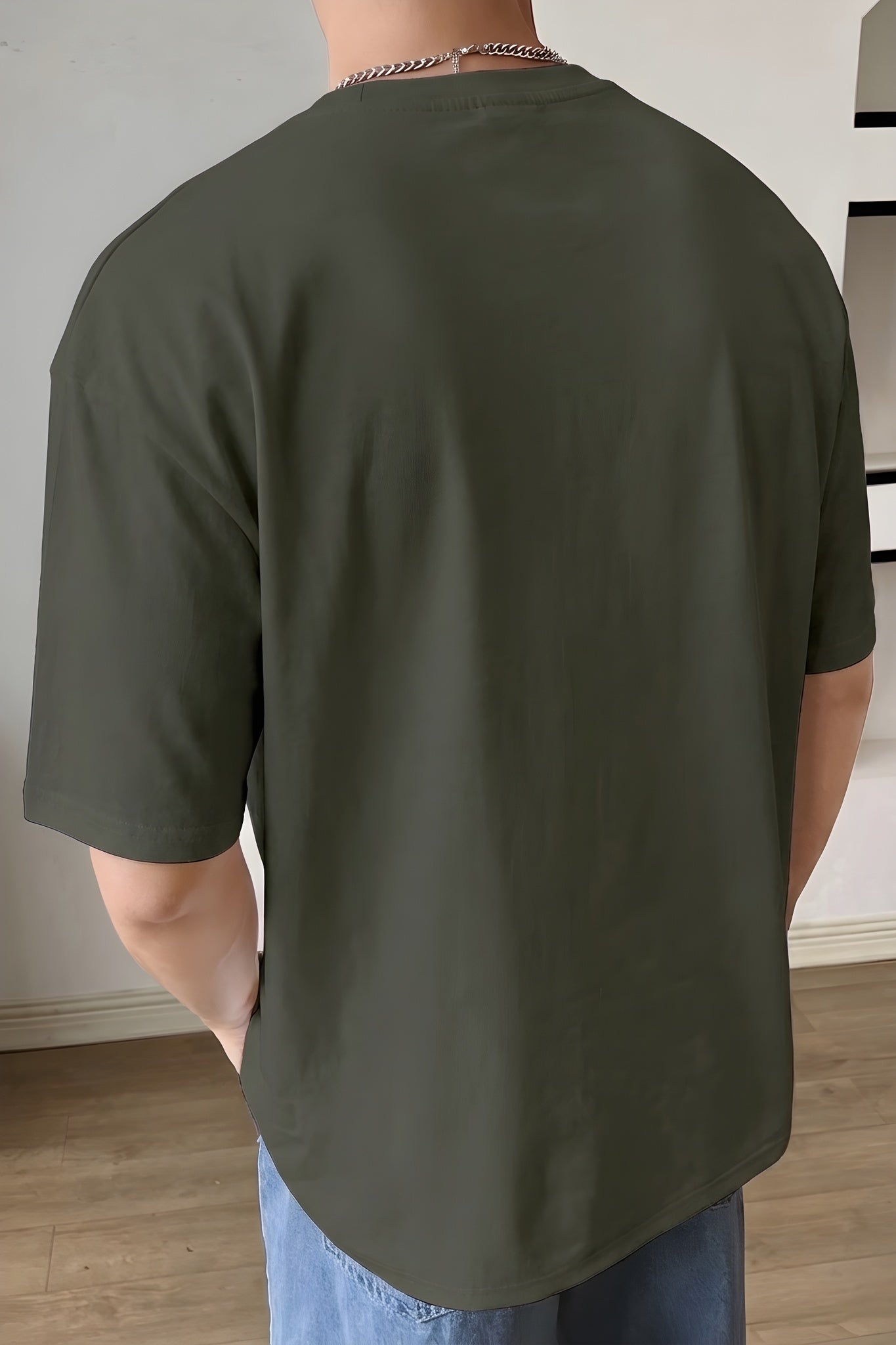 Erkek Haki Free Life Bisiklet Yaka Oversize Salas T-Shirt