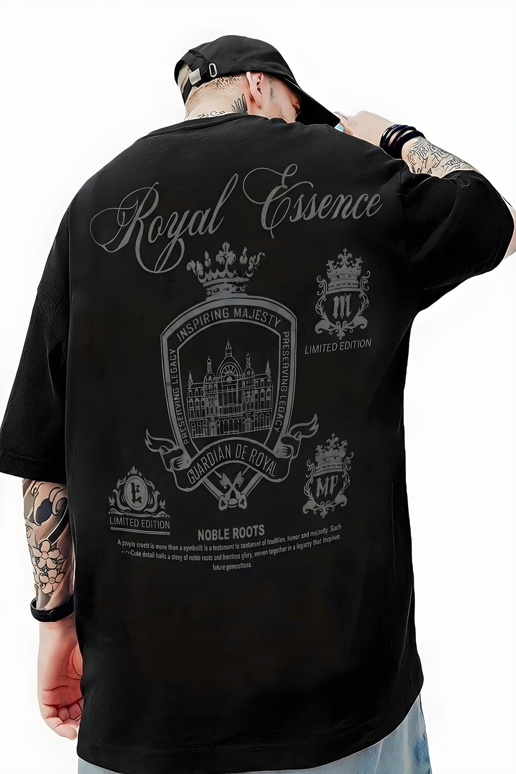 Erkek Siyah Royal Essence Oversize Fit Bol Geniş Kalıp Salaş Kesim T-shirt