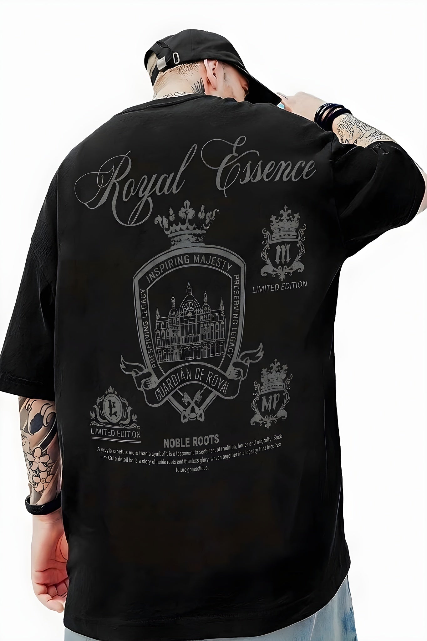 Erkek Siyah Royal Essence Oversize Fit Bol Geniş Kalıp Salaş Kesim T-shirt