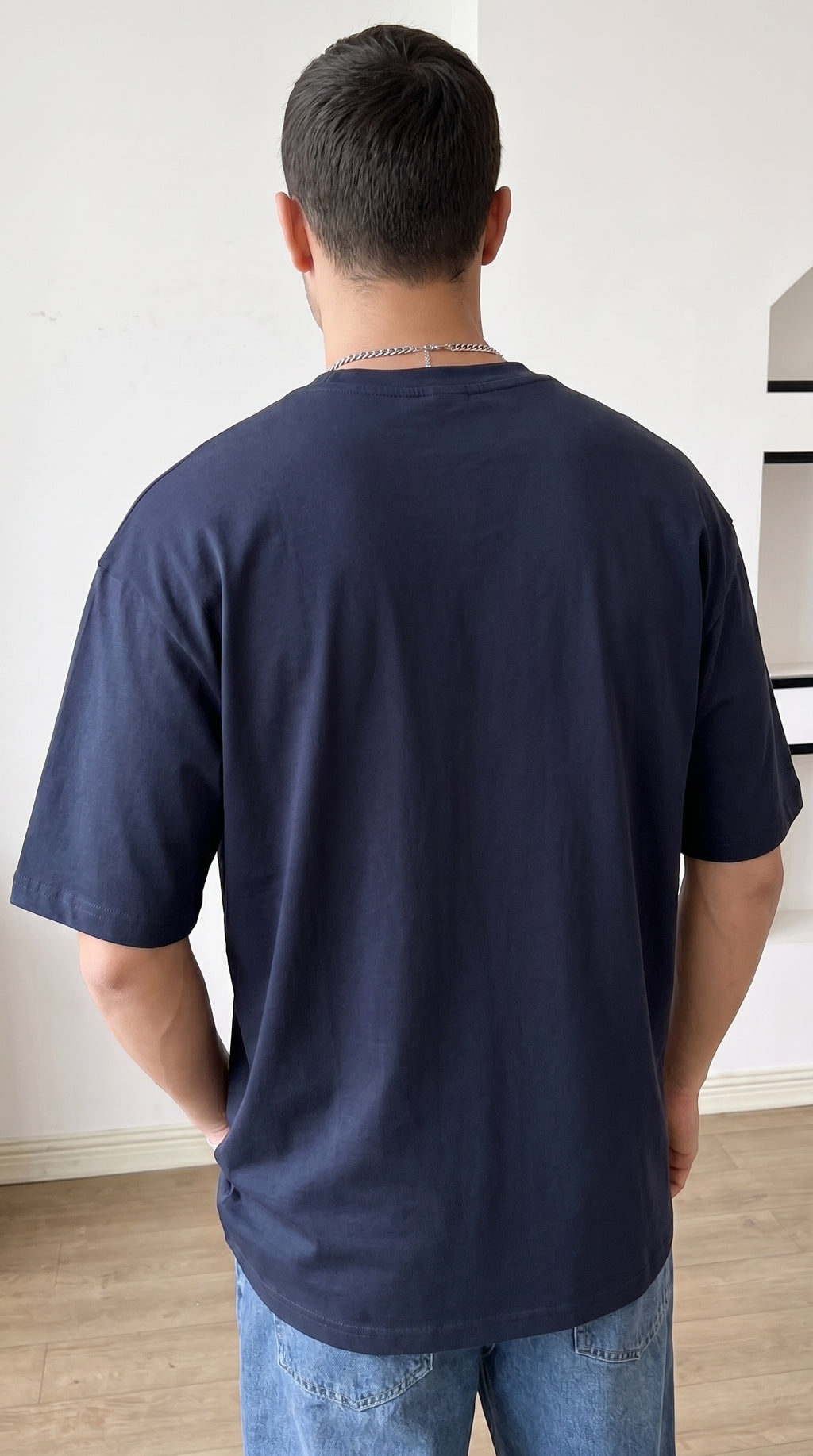 Erkek Lacivert Geyik Baskılı Oversize Fit Bol Geniş Kalıp Salaş Kesim T-shirt