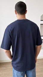 Erkek Lacivert Geyik Baskılı Oversize Fit Bol Geniş Kalıp Salaş Kesim T-shirt