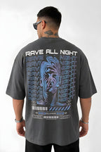 Erkek Füme Rave All Night Oversize Fit Bol Geniş Kalıp Salaş Kesim T-shirt