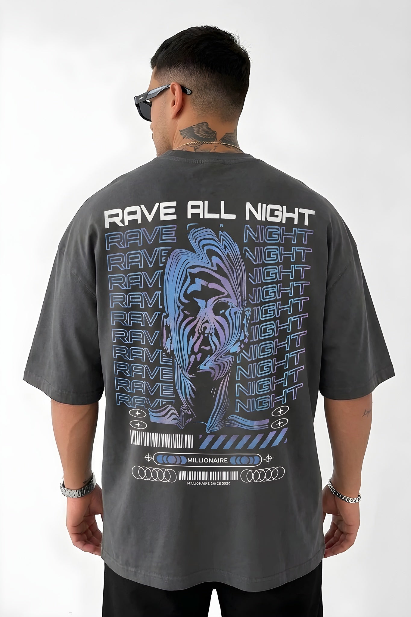 Erkek Füme Rave All Night Oversize Fit Bol Geniş Kalıp Salaş Kesim T-shirt