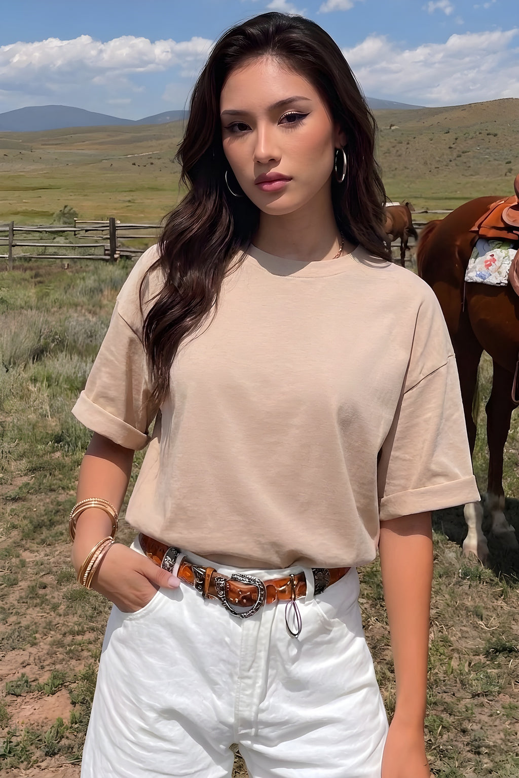 Kadın Camel Basic Düz Baskısız Oversize Salas Boyfriend T-Shirt