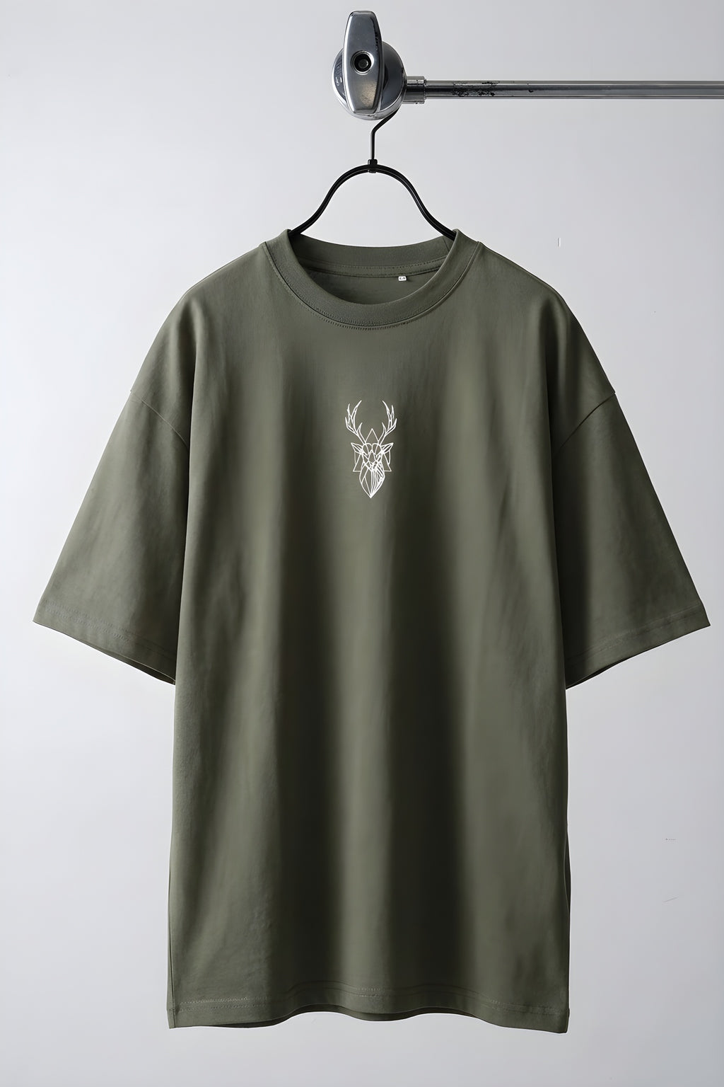 Erkek Haki Geyik Baskılı Oversize Fit Bol Geniş Kalıp Salaş Kesim T-shirt