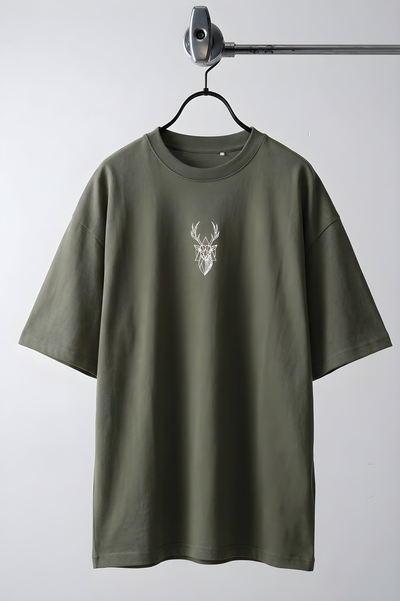 Erkek Haki Geyik Baskılı Oversize Fit Bol Geniş Kalıp Salaş Kesim T-shirt