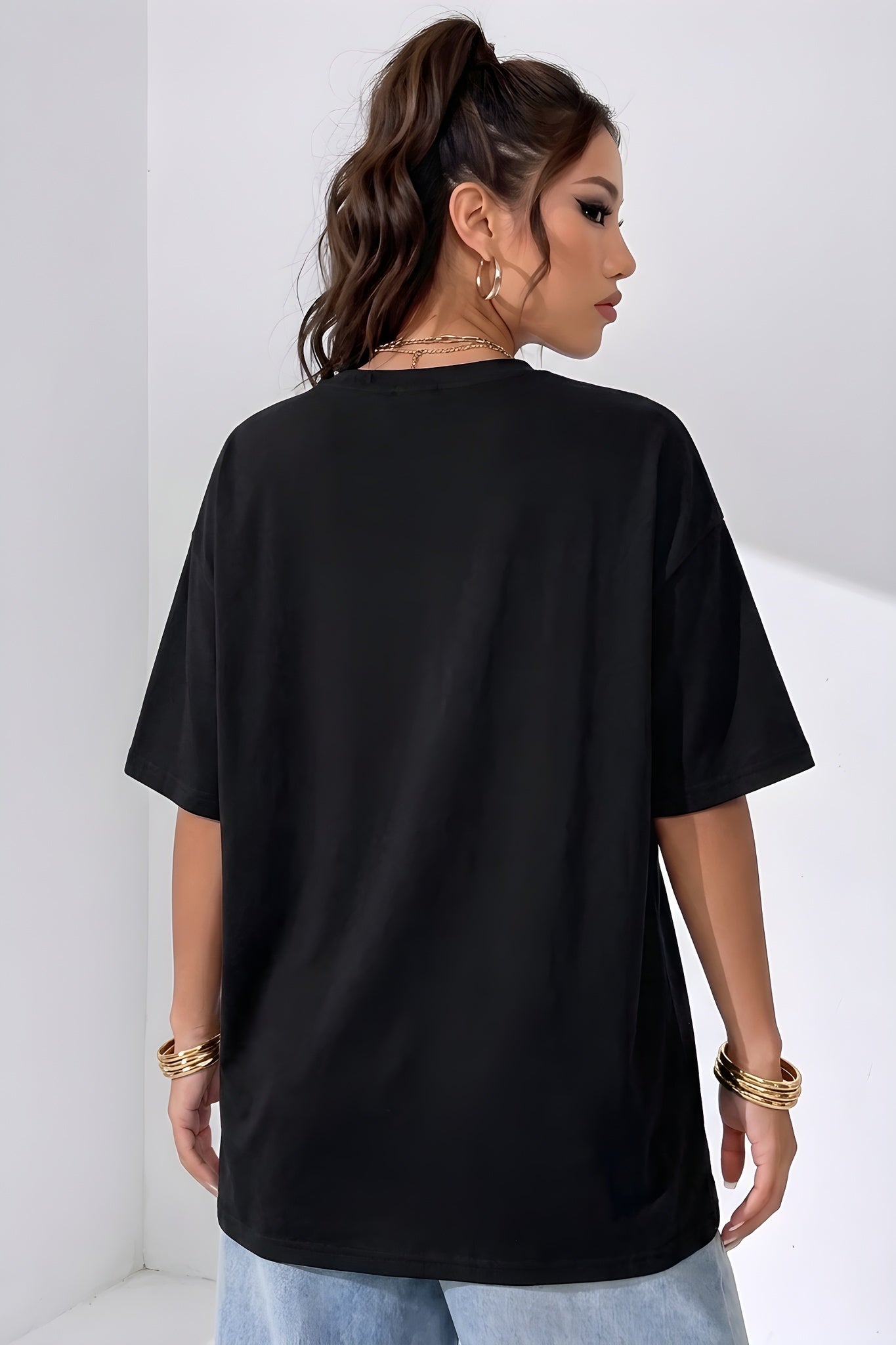 Kadın Siyah Nazar Baskılı Oversize Fit Bol Geniş Kalıp Salaş Kesim T-shirt