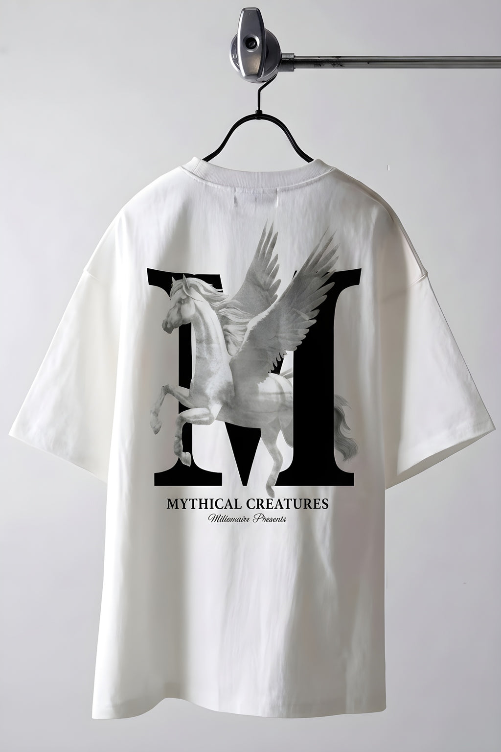 Erkek Mythical Pegasus Baskılı Beyaz Bisiklet Yaka Oversize Salaş T-Shirt