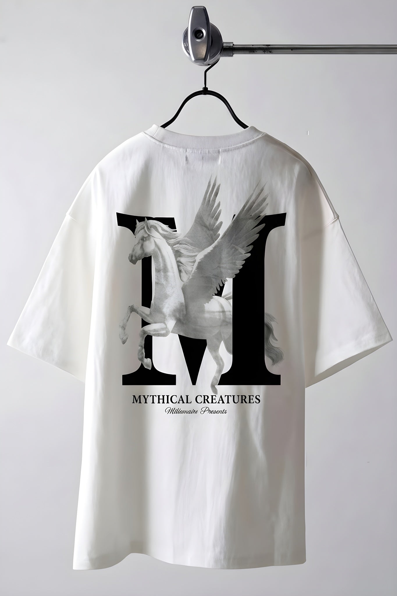 Erkek Mythical Pegasus Baskılı Beyaz Bisiklet Yaka Oversize Salaş T-Shirt