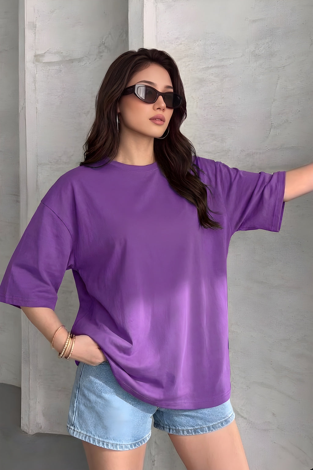 Mor Basic Düz Baskısız Oversize Salas Boyfriend Kadın T-Shirt