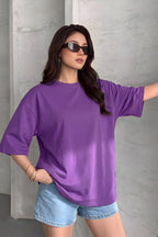 Mor Basic Düz Baskısız Oversize Salas Boyfriend Kadın T-Shirt