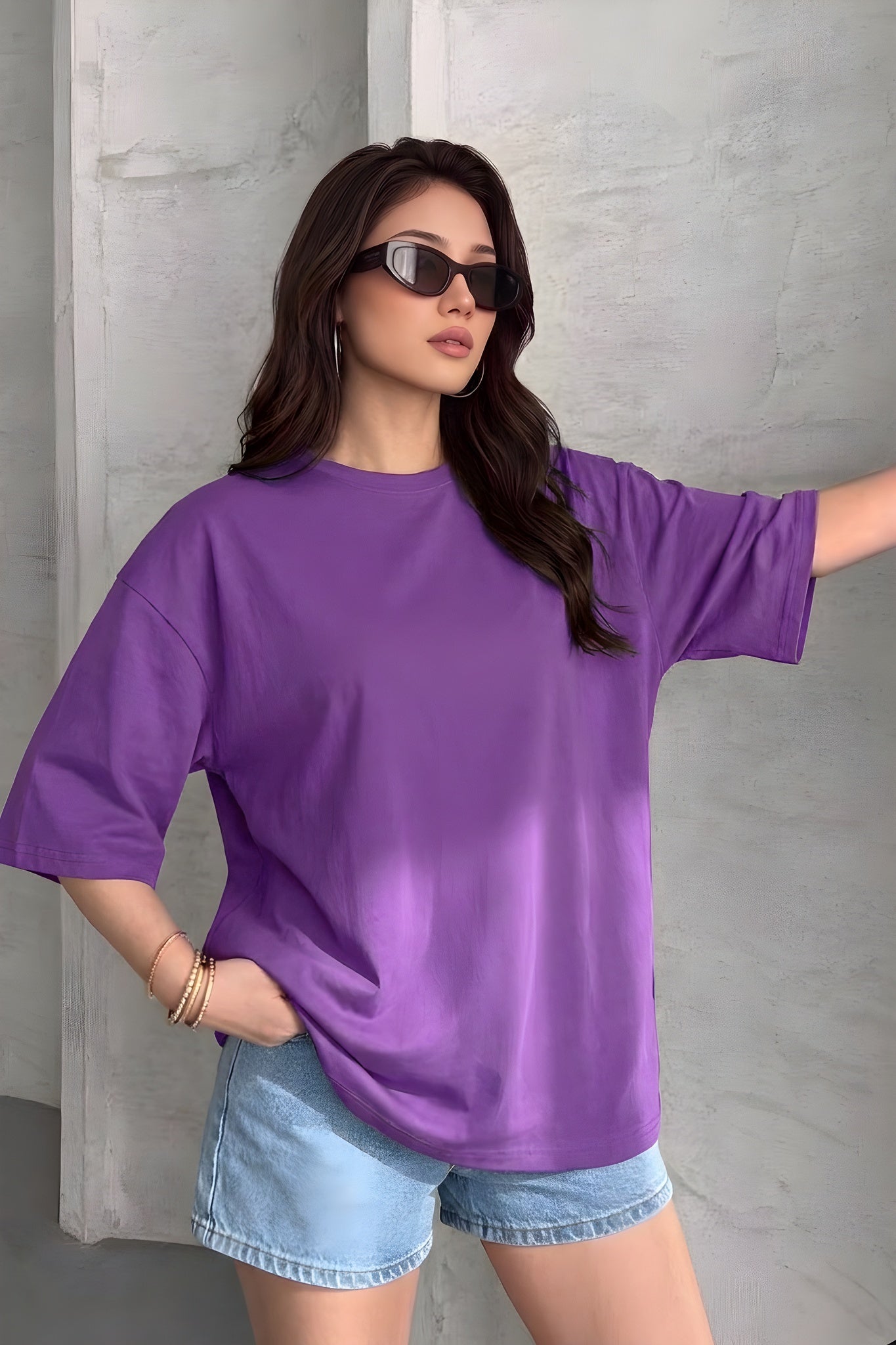 Mor Basic Düz Baskısız Oversize Salas Boyfriend Kadın T-Shirt