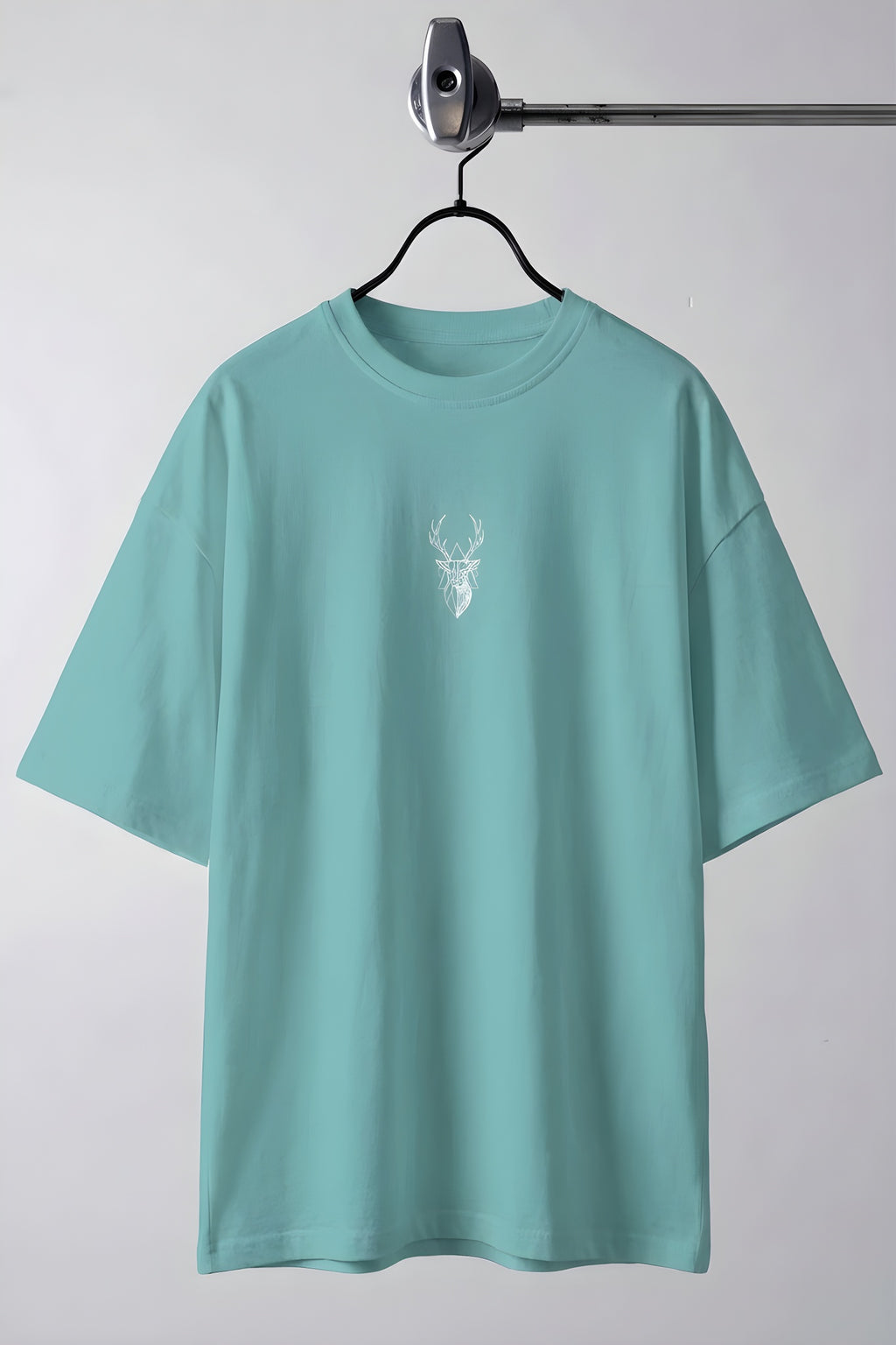 Erkek Turkuaz Geyik Baskılı Oversize Fit Bol Geniş Kalıp Salaş Kesim T-shirt