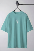 Erkek Turkuaz Geyik Baskılı Oversize Fit Bol Geniş Kalıp Salaş Kesim T-shirt