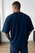 Erkek Lacivert Free Life Bisiklet Yaka Oversize Salas T-Shirt