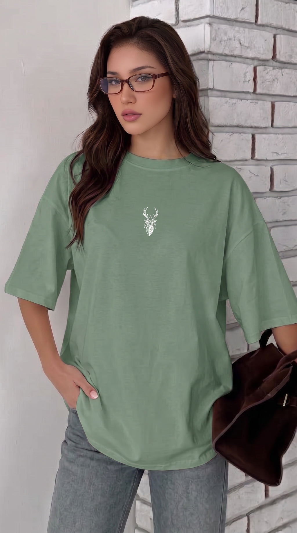 Kadın Açık Yeşil Geyik Oversize Salas Boyfriend T-shirt