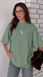 Kadın Açık Yeşil Geyik Oversize Salas Boyfriend T-shirt