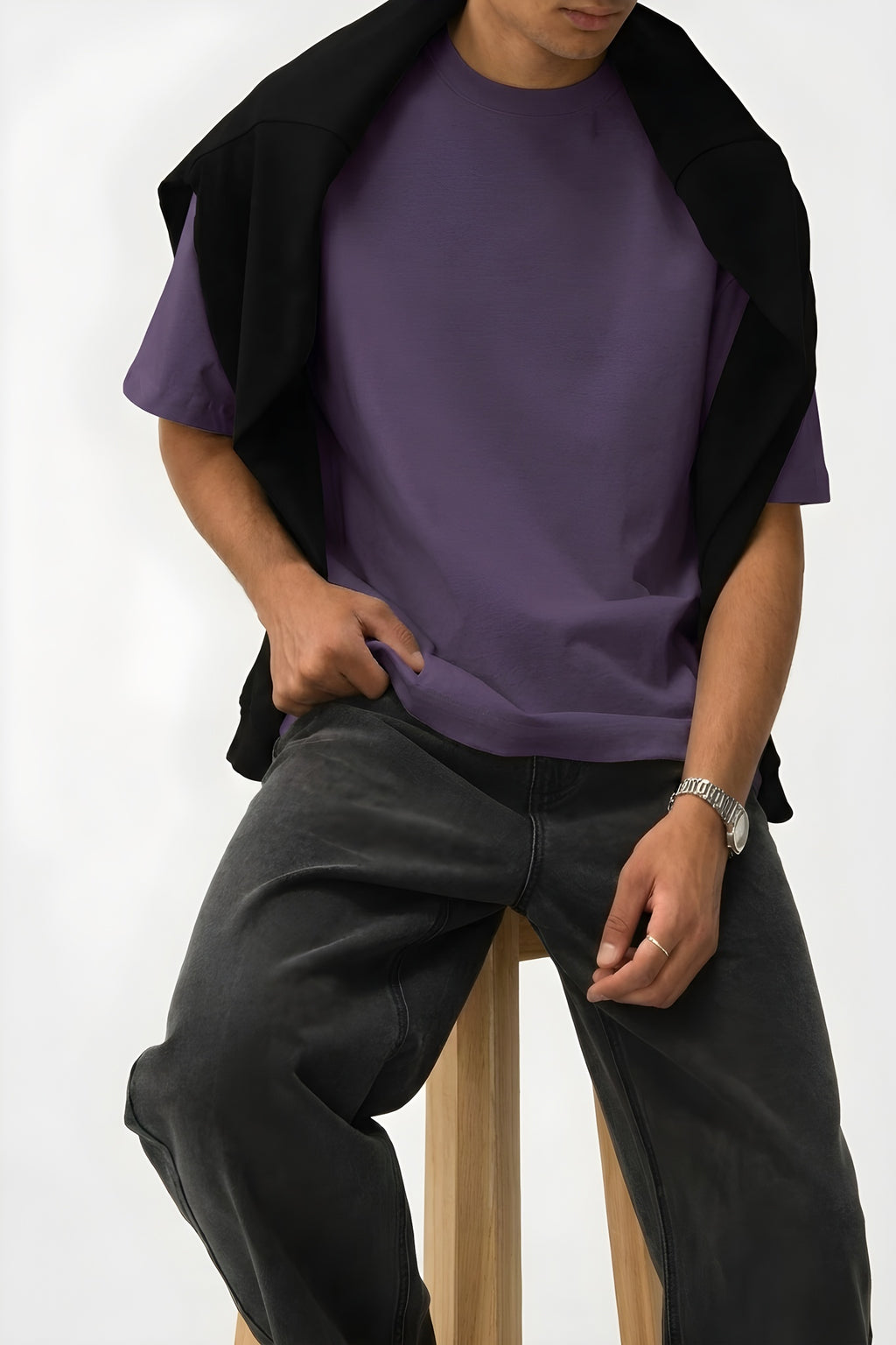 Erkek Mor Basic Düz Baskısız Oversize Salas Boyfriend T-Shirt