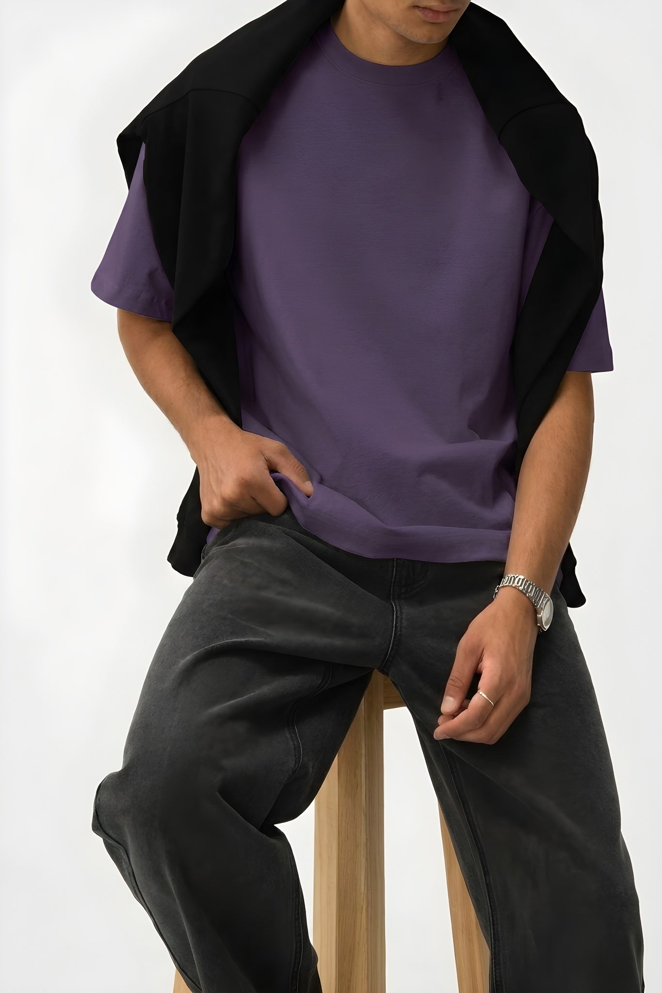 Erkek Mor Basic Düz Baskısız Oversize Salas Boyfriend T-Shirt