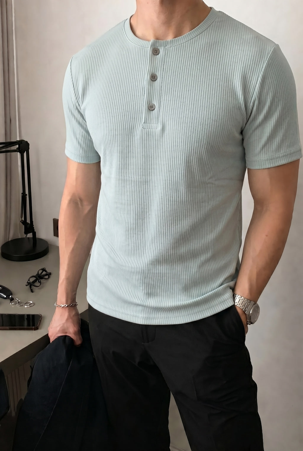 Erkek Mint Henley Yaka Tişört Üç Düğmeli Patlı Fitilli Regular T-shirt