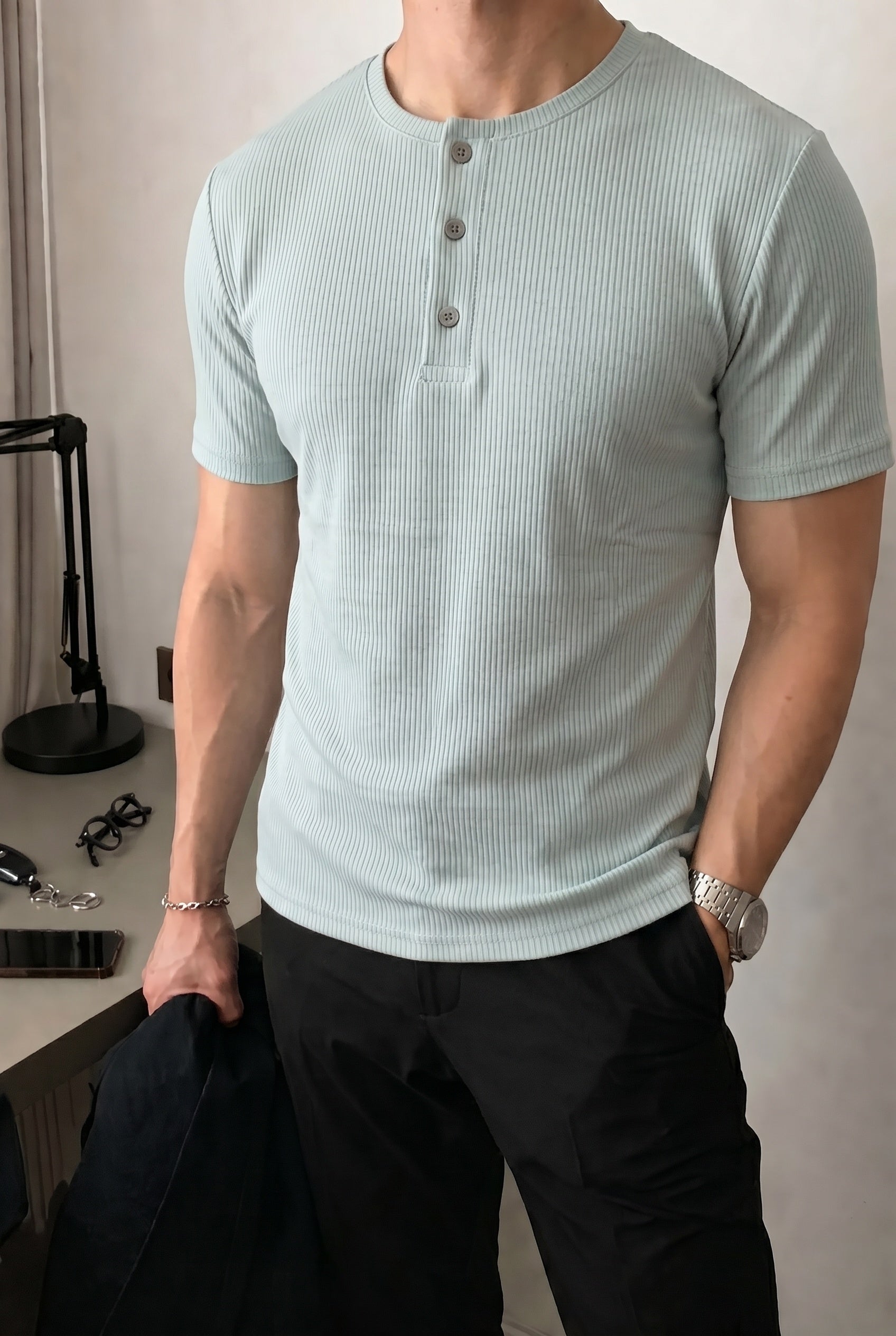 Erkek Mint Henley Yaka Tişört Üç Düğmeli Patlı Fitilli Regular T-shirt
