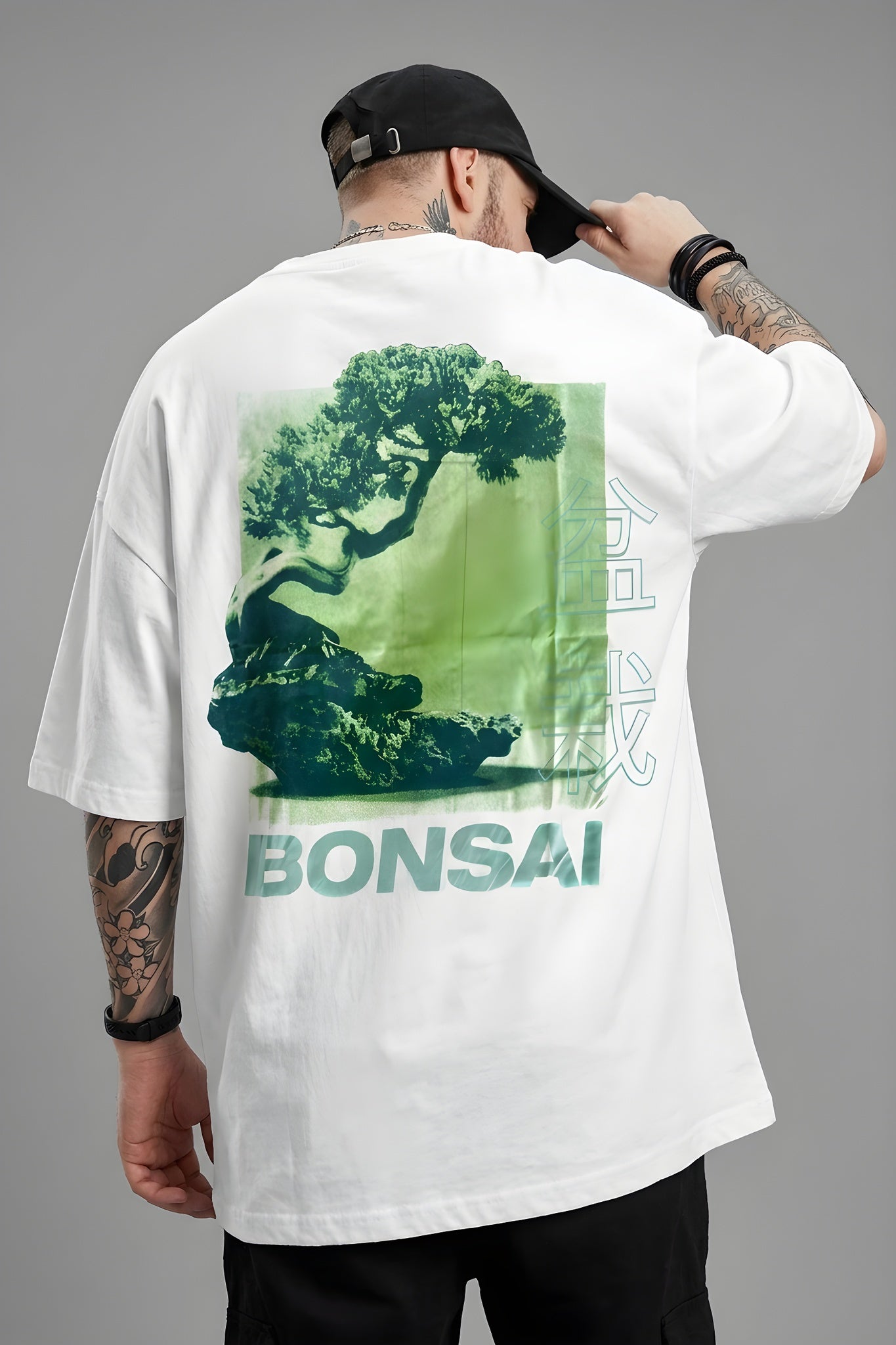 Erkek Ekru Beyaz Bonsai Oversize Fit Bol Geniş Kalıp Salaş Kesim T-shirt
