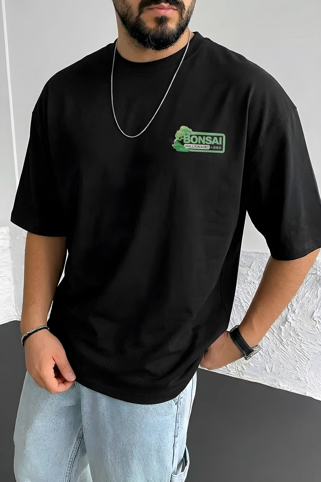 Erkek Siyah Bonsai Oversize Fit Bol Geniş Kalıp Salaş Kesim T-shirt