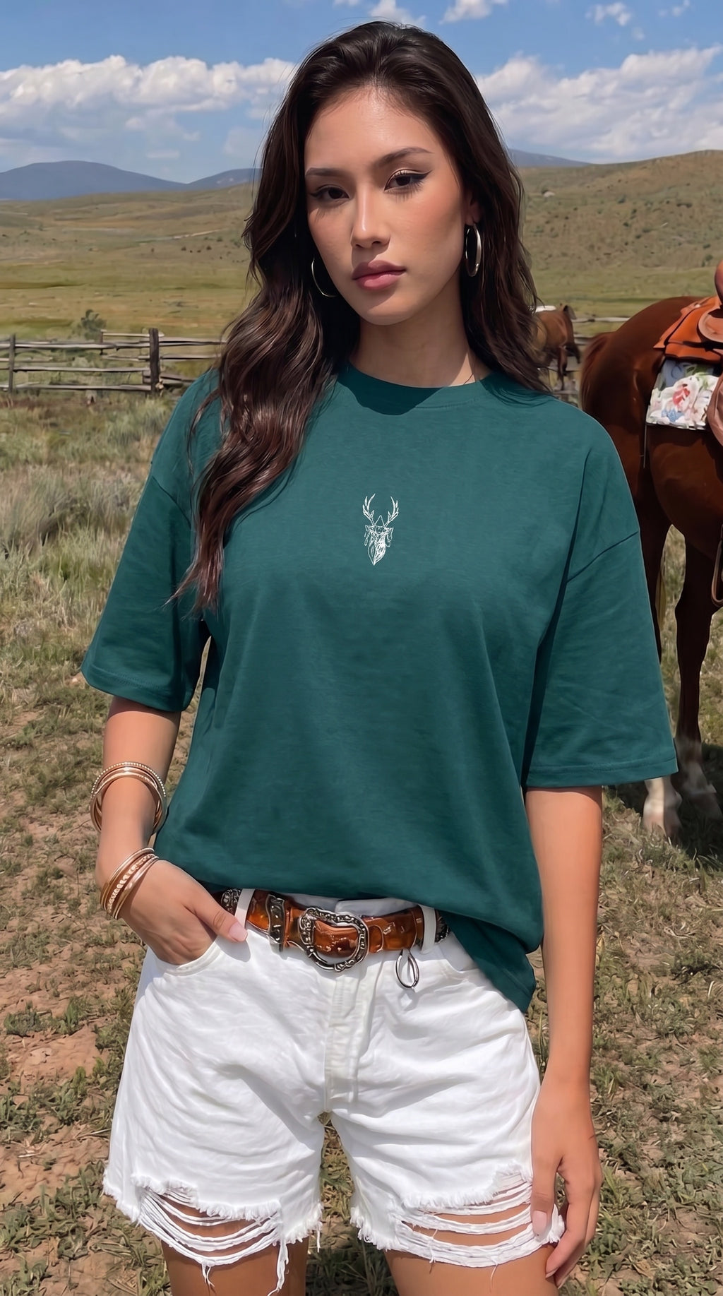 Kadın Petrol Yeşil Geyik Oversize Salas Boyfriend T-shirt
